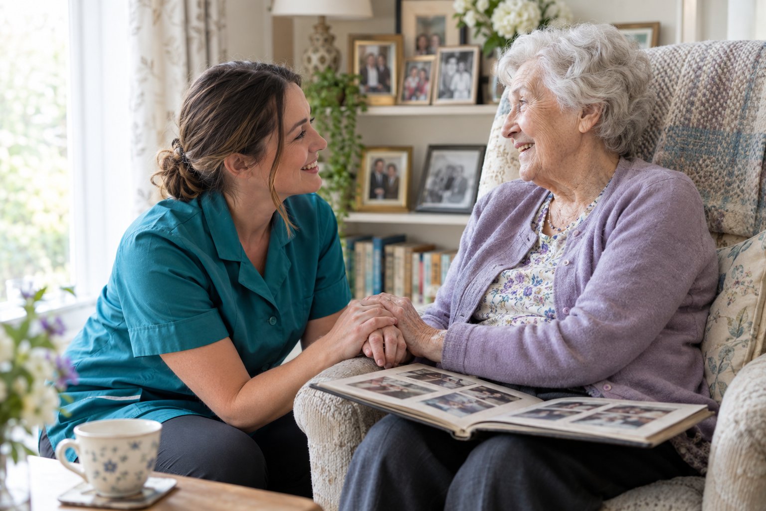 A care worker kneeling beside an older woman, holding her hands as they look through a photo album together